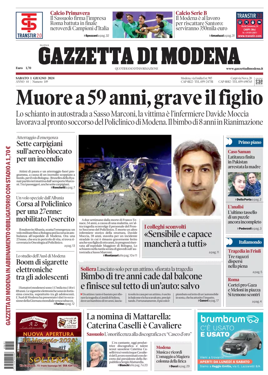 Prima-pagina-gazzetta di modena-oggi-edizione-del-2024-06-01